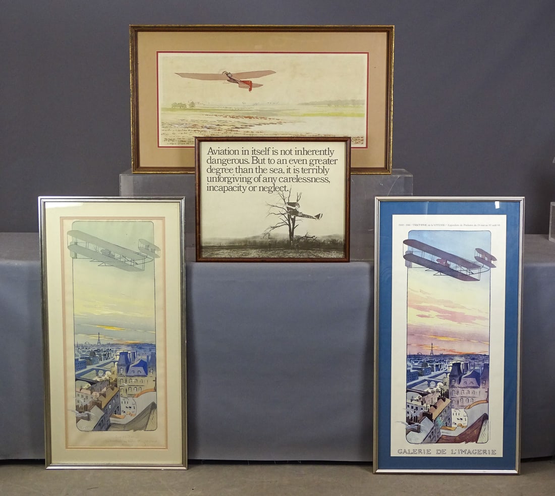 Print Lot: Print lot including: "AEROPLANES A. DEPER DUSSIN" (24 1/2" x 31"), "GALERIE DE L' IMAGERIE" (overall 38" x 20"), print by E. Leon Dufour (overall 20" x 36"), "JUVISY-PARIS" (overall 38" x 19 1/2").