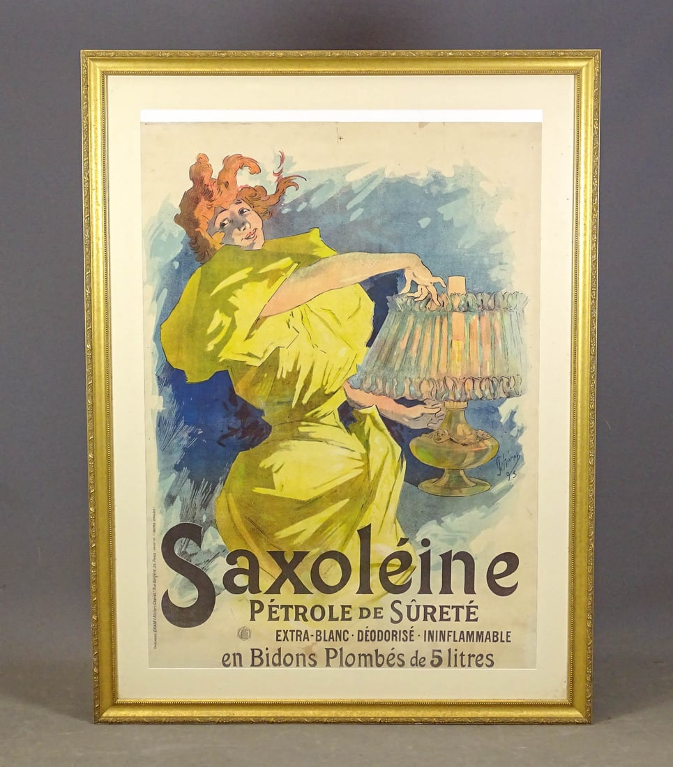 Antique French Poster: Large early framed French poster "Saxoleine…" (Paris). Needs to be adjusted in frame. Overall in frame 59" x 43 1/2".