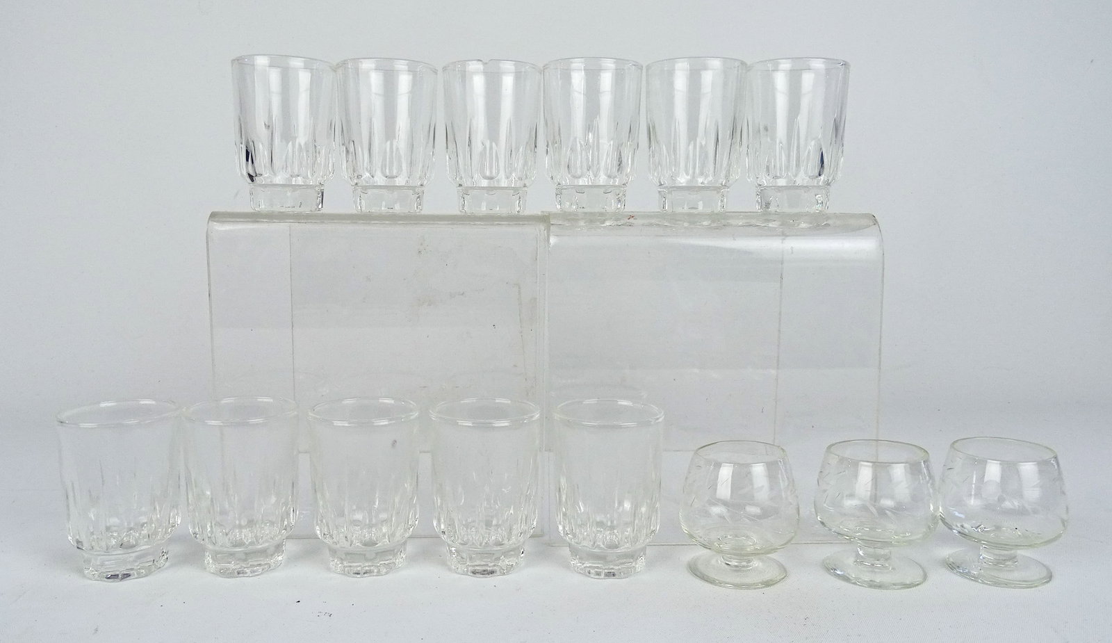 Shot Glasses: Set of (11" 2 1/2" clear shot glasses along with (3) others.