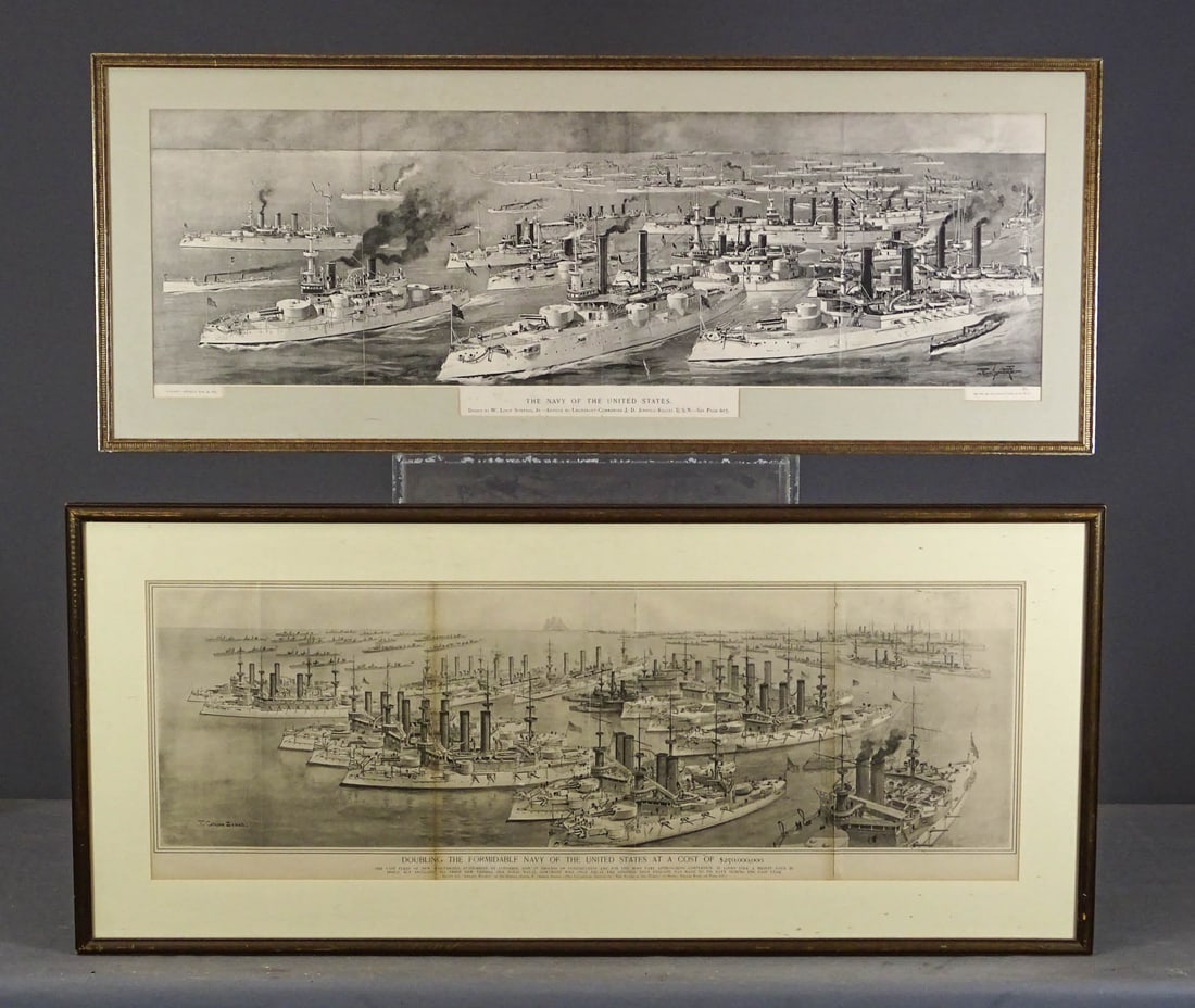 Print Lot: Lot (2) prints including: "THE NAVY OF THE UNITED STATES" (overall 18 1/2" x 47"), "DOUBLING THE FORMIDABLE NAVY OF THE UNITED STATES…" (overall 21 1/2" x 49").