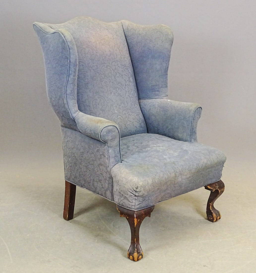 19th c. Wing Chair: 19th c. ball and claw foot wing chair. 28" x 25" x 44" Ht..