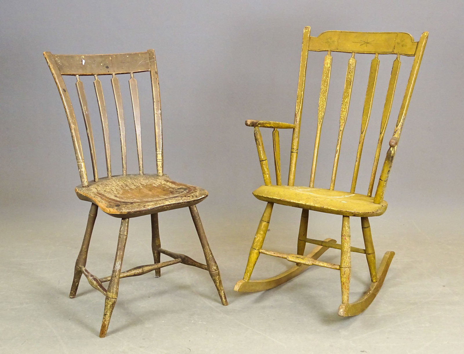 19th c. Chair Lot: Lot including: 19th c. arrowback rocking chair in old yellow paint (15" seat Ht., 39" overall Ht.,), and Windsor chair (18" seat Ht., 35" overall Ht.).