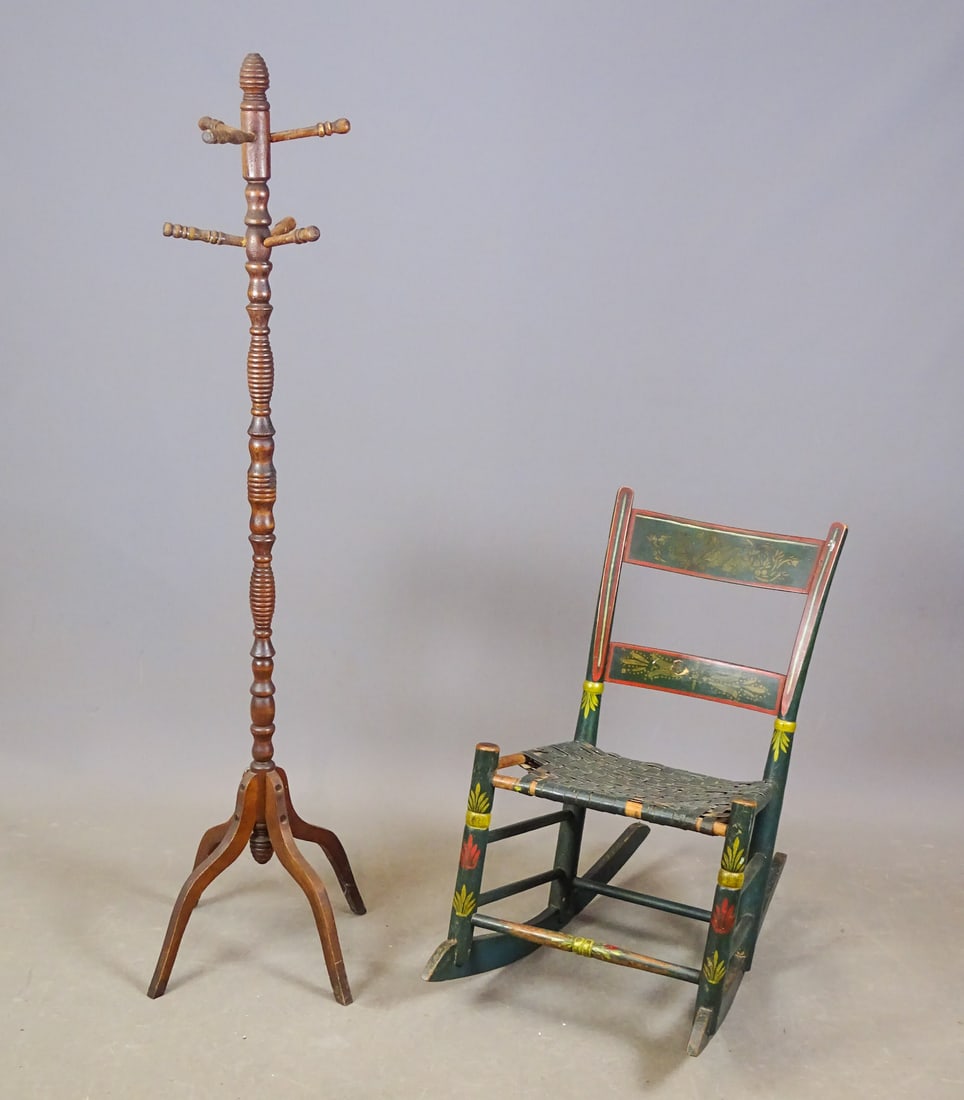 Hat Tree and Rocking Chair Lot: Lot including: 19th c. paint decorated rocking chair (15" seat Ht., 32" overall Ht.), and child's hat tree (58" Ht.).