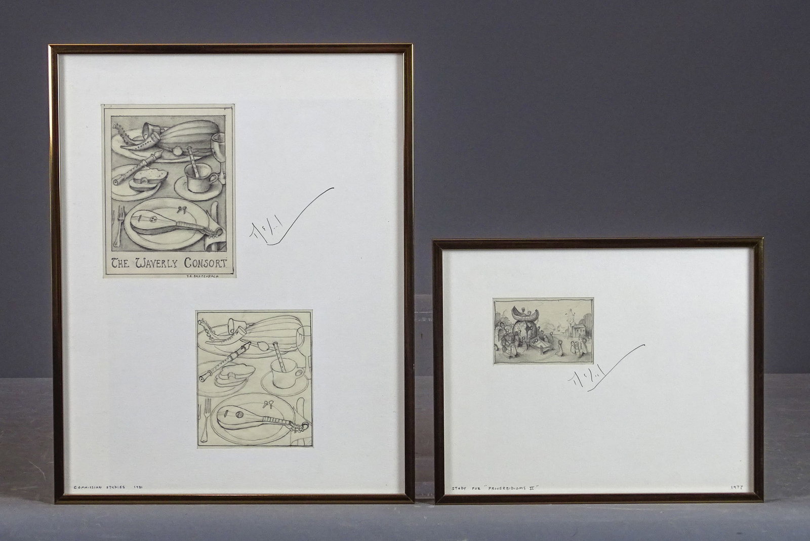 Thom Brightenbach (20th Century): Thom Brightenbach (20th Century), (2) original framed drawings. Frames overall 14" x 11" and 8 1/2" x 10 1/2".