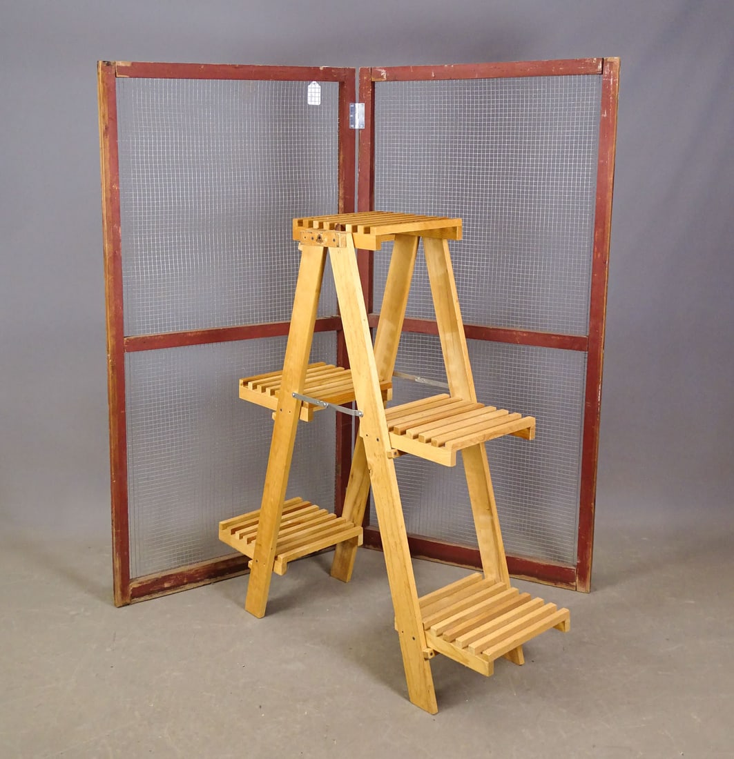 Display Racks: Lot including folding wood and wire display rack (each section 31" x 61", and folding wooden display (27" x 15" x 45" Ht. when open).
