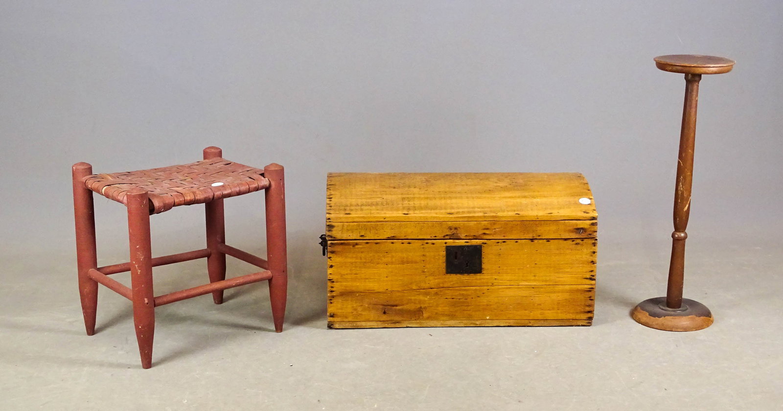 Furniture Lot: Lot including: 19th c. truck (one hinge loose, 24" x 14" x 11"), painted rush seat stool (14" x 11" x 15"), stand (24" Ht.).