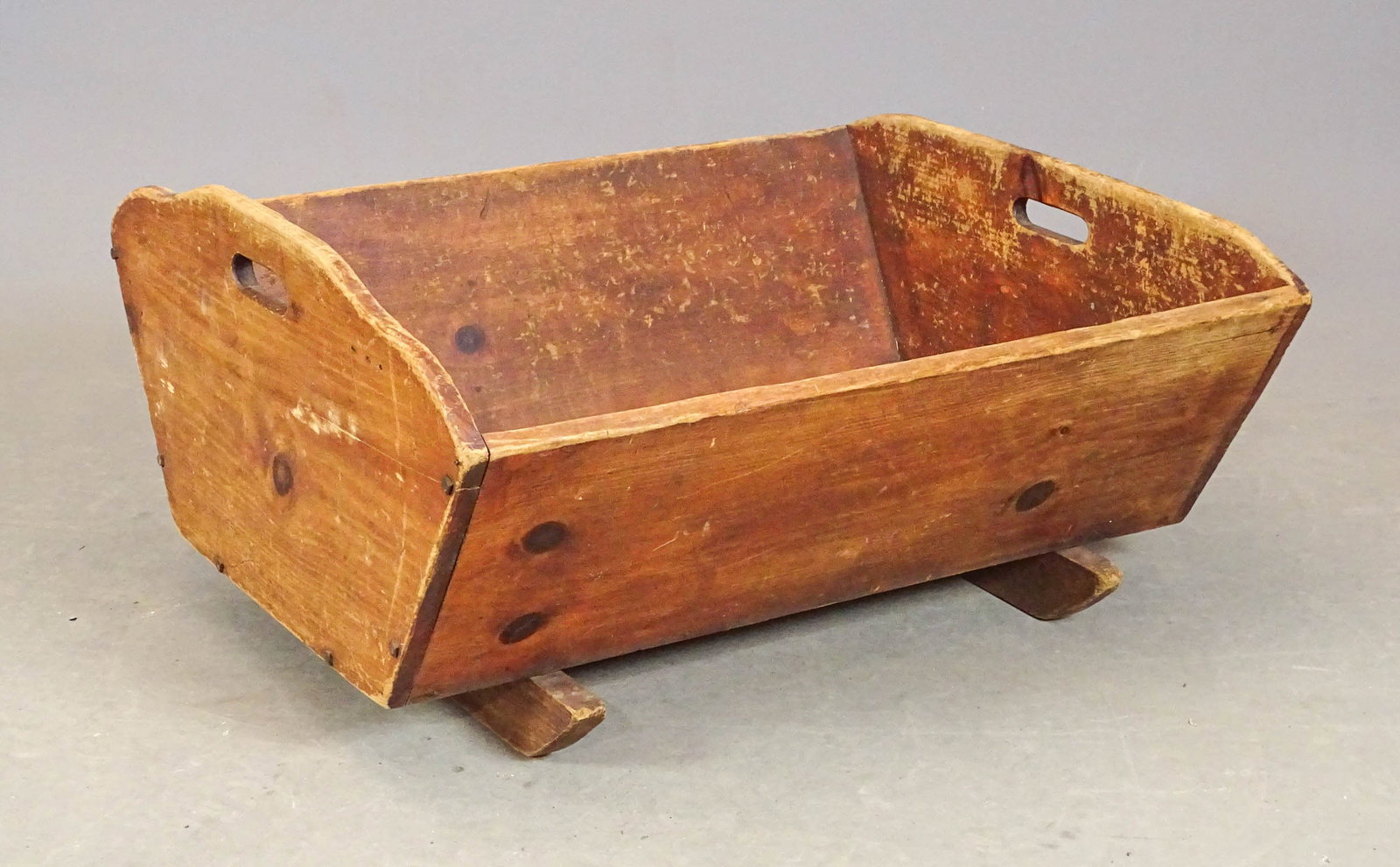Cradle: 19th c. cradle, repurposed wood box. 32" w, 26 1/2" d, 14 1/2" ht.