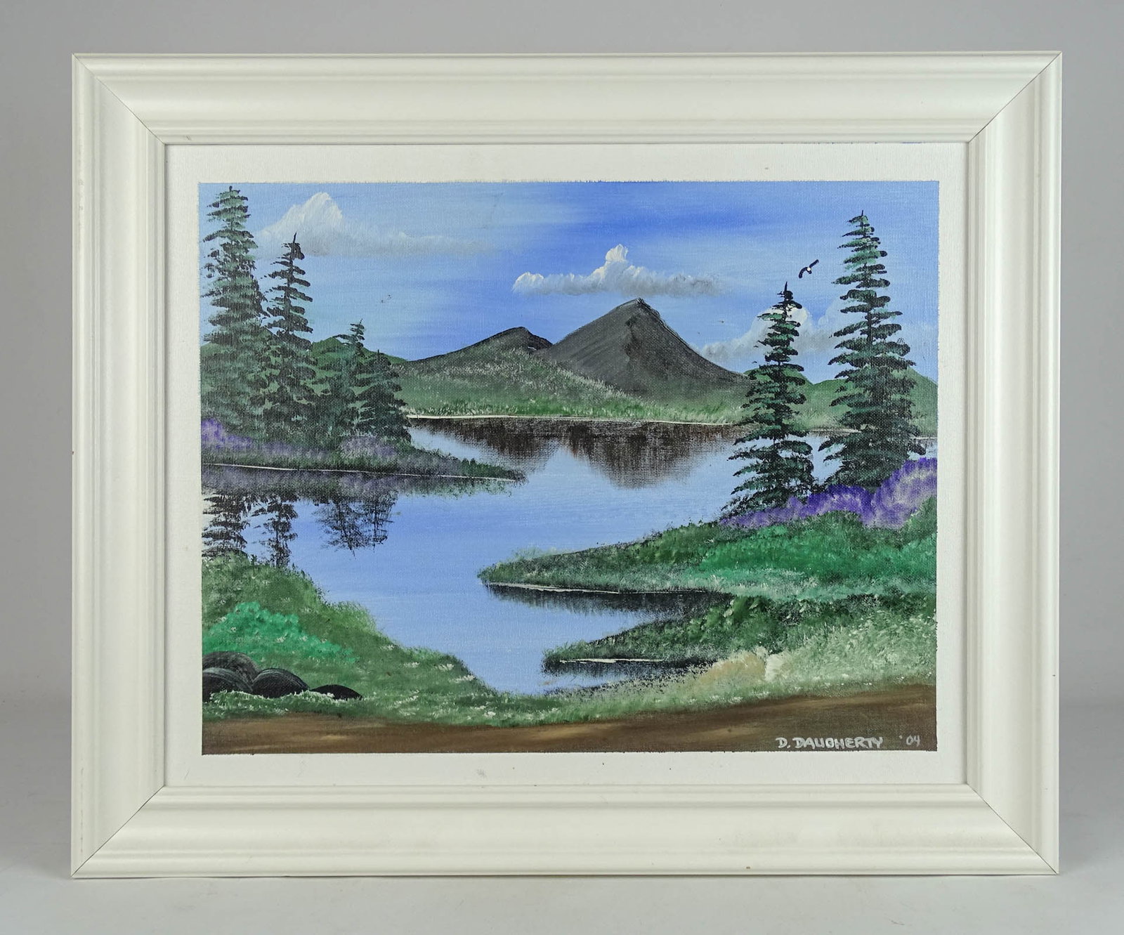 D. Daugherty Landscape Painting: Acrylic on board landscape painting with mountain and lake. Signed "D. Daugherty '04".