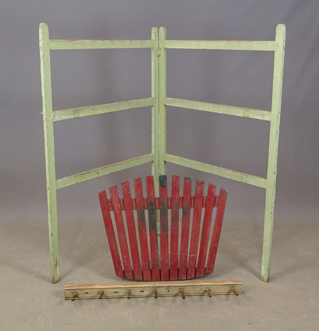 Misc. Lot: Lot including: 19th c. folding quilt rack in old green paint (each section 55 1/2" x 35"), wooden peg rack (37 1/2" L.), painted rack (28 1/2" x 24").