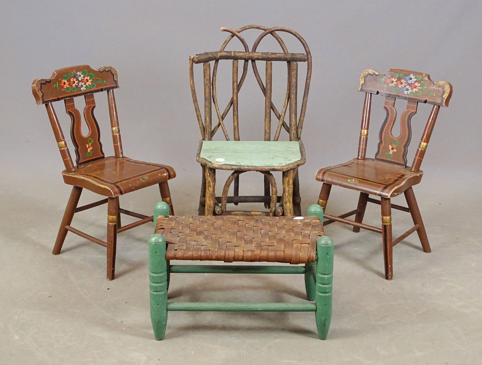 Child's Chairs Lot: Lot including pair of Pennsylvania painted child's chairs (21" Ht.), child's Adirondack chair (24" Ht.), and splint seat stool in old green paint (17" x 10" x 10").