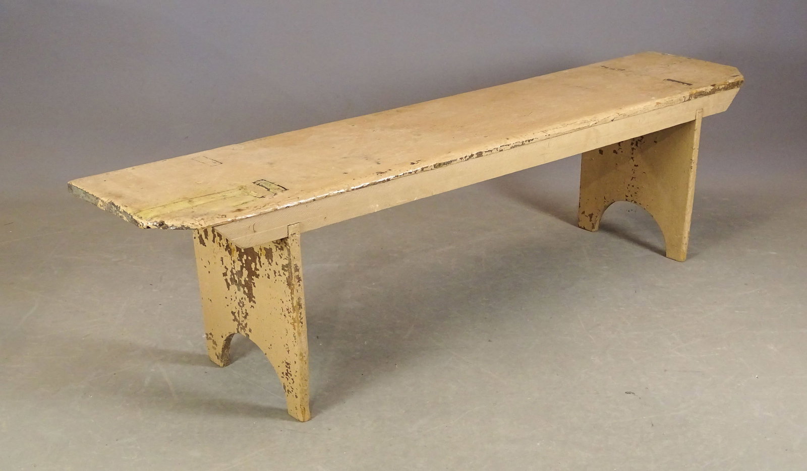 Bootjack Bench: 19th c. bootjack bench in old paint. 73" x 15" x 18 1/2" Ht..