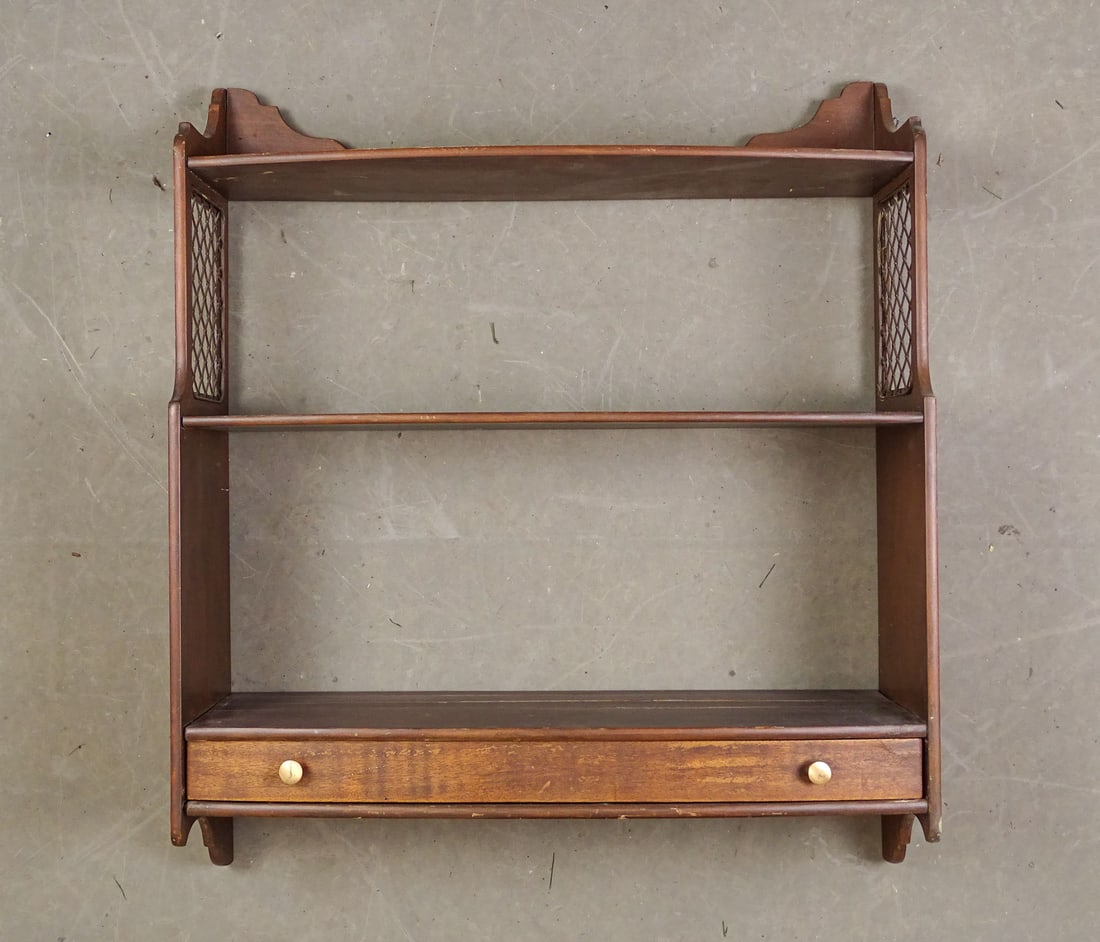 Vintage Shelf: Vintage mahogany hanging shelf. 24" x 7" x 28".