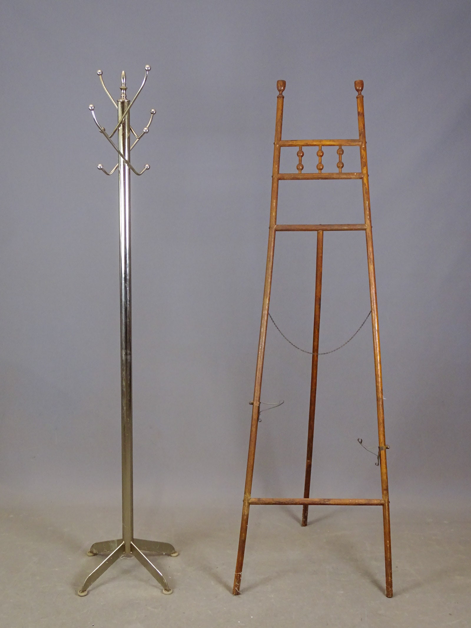 Hat Tree Lot: Lot including metal hat tree (68" Ht.), and bamboo easel (68" Ht.).