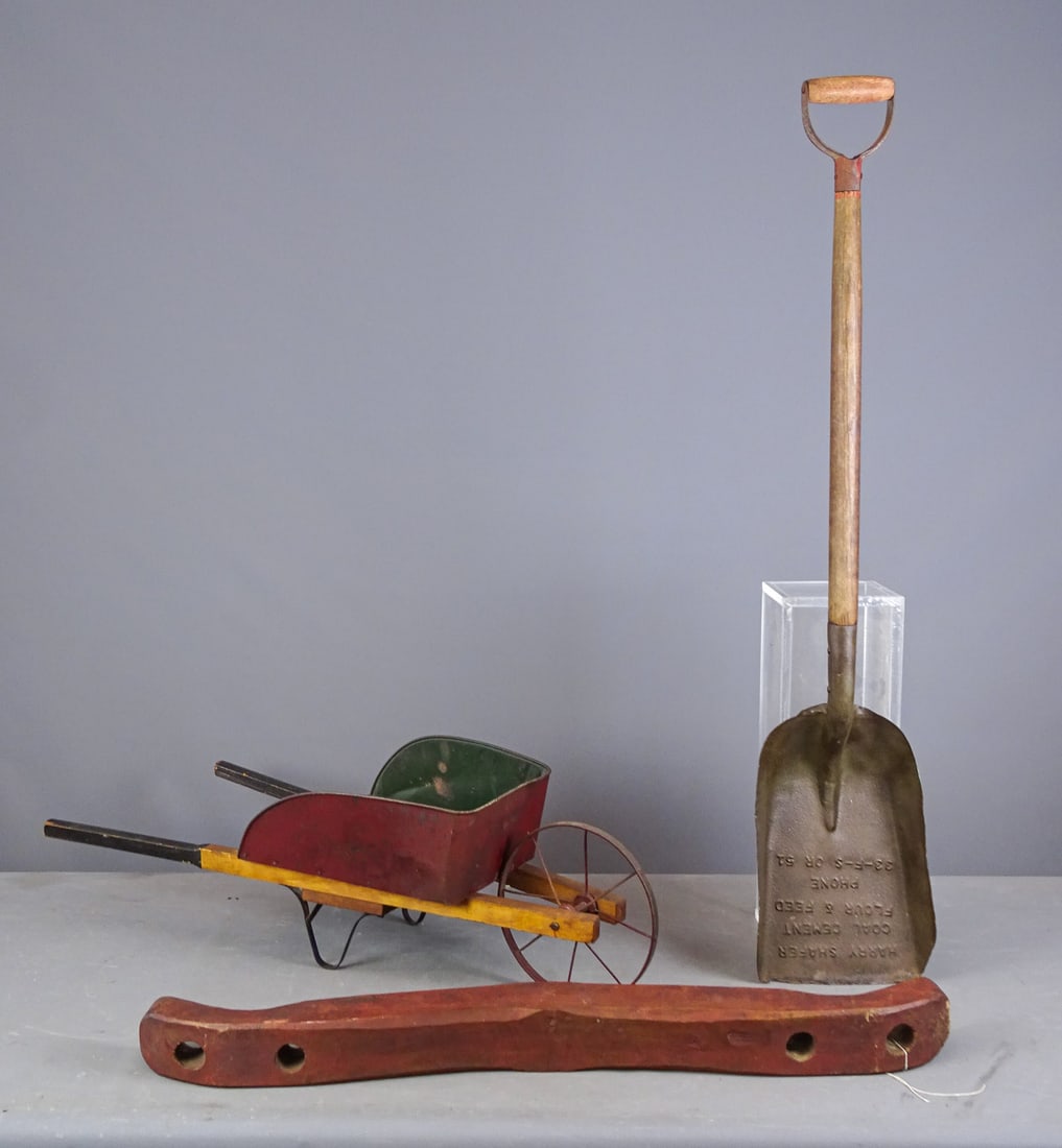Misc. Lot: Lot including signed shovel, child's wheelbarrow and yoke in old red paint.