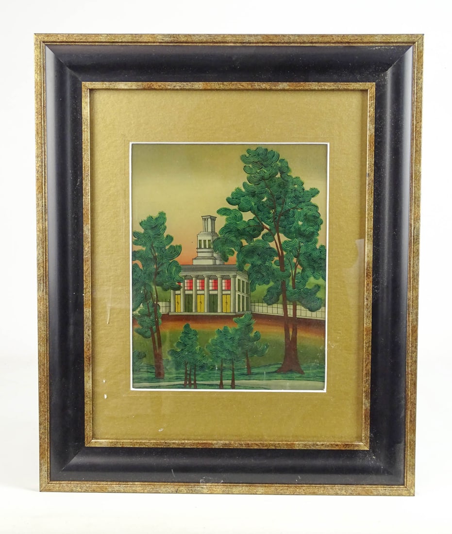 Reverse Painting: Early reverse painting of a house.