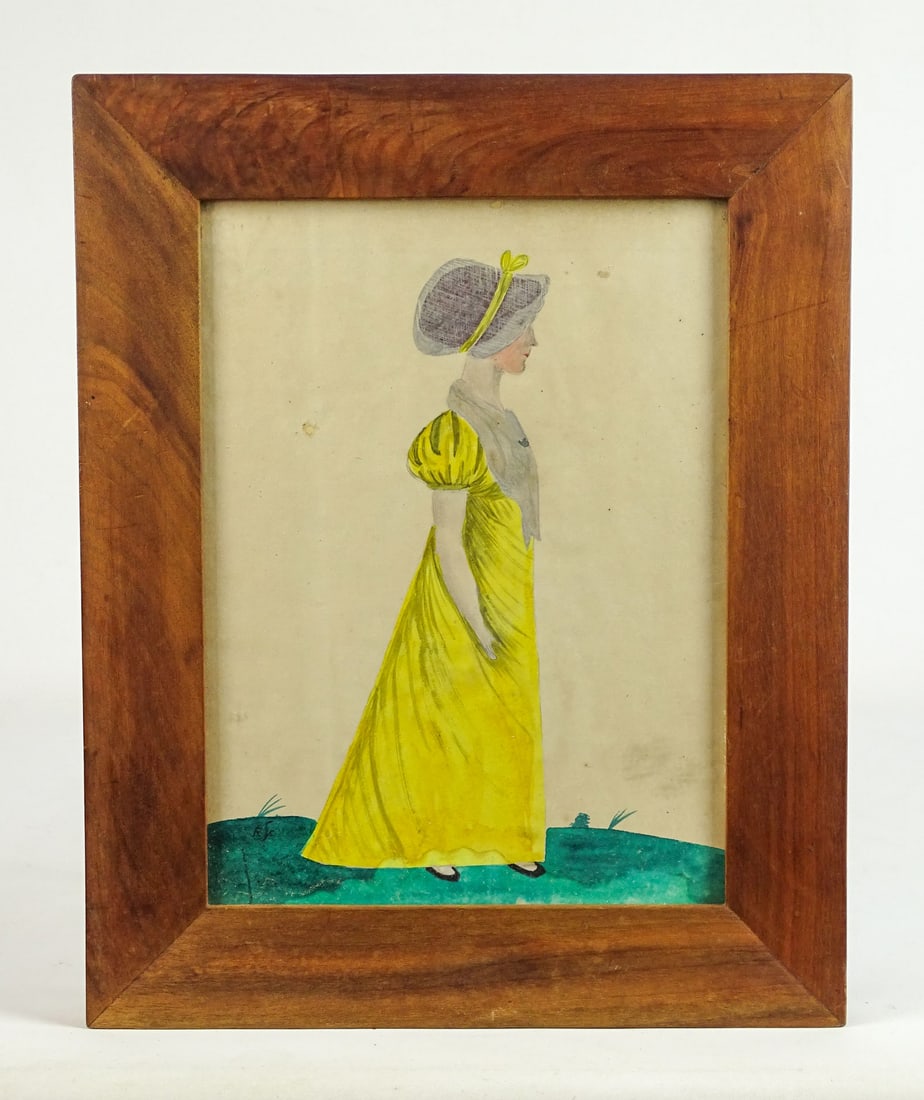 Folk Art Watercolor: Folk art framed watercolor of woman in dress.
