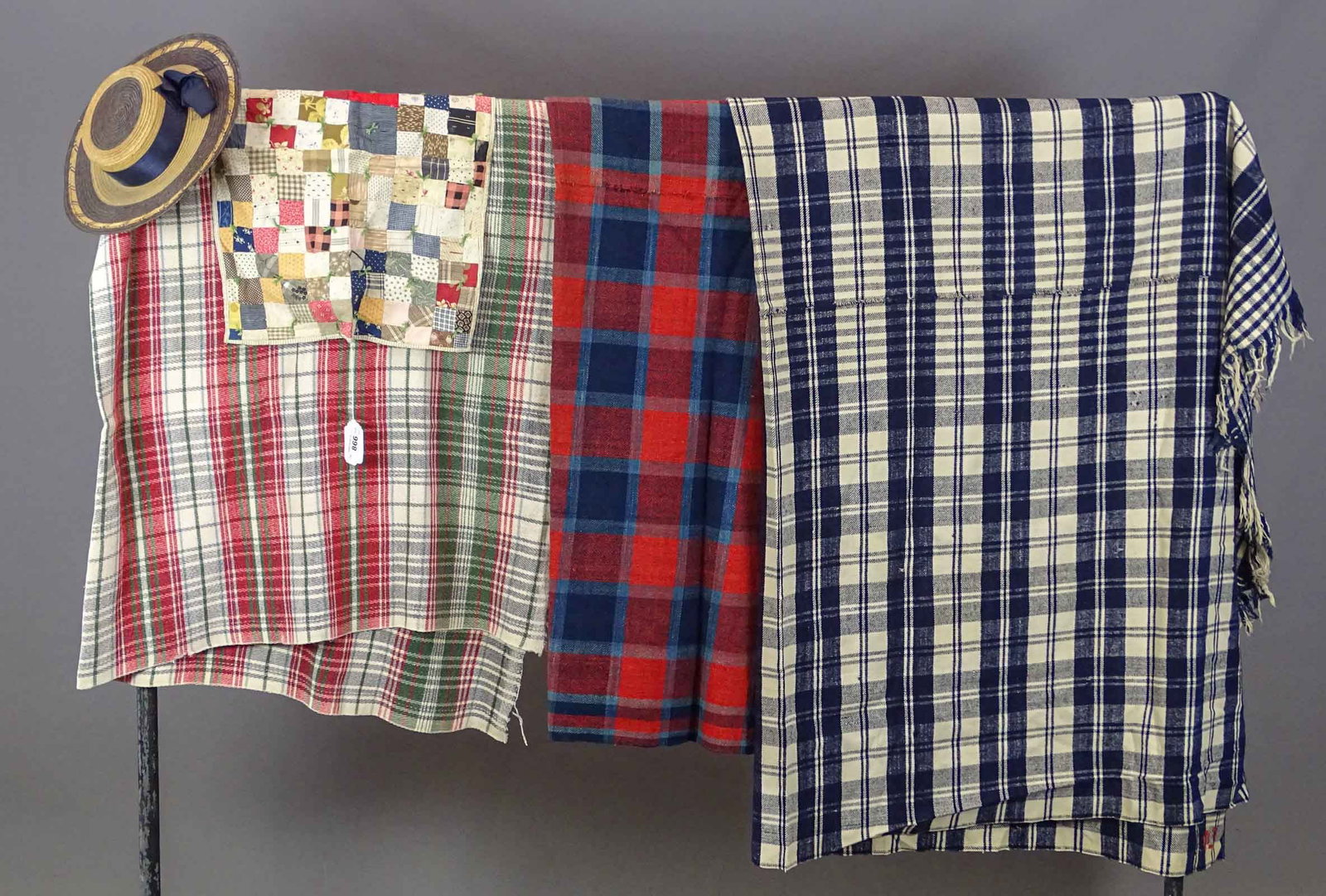 Homespun Blankets: Lot (3) early homespun blankets, doll's quilt and Victorian ladies hat.
