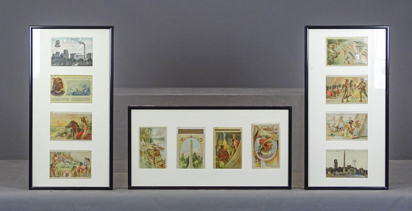 Framed Trade Cards: Lot (3) sets of framed "OLD SLEEPY EYE" trade cards. Frames overall 20 1/2" x 10 1/2".