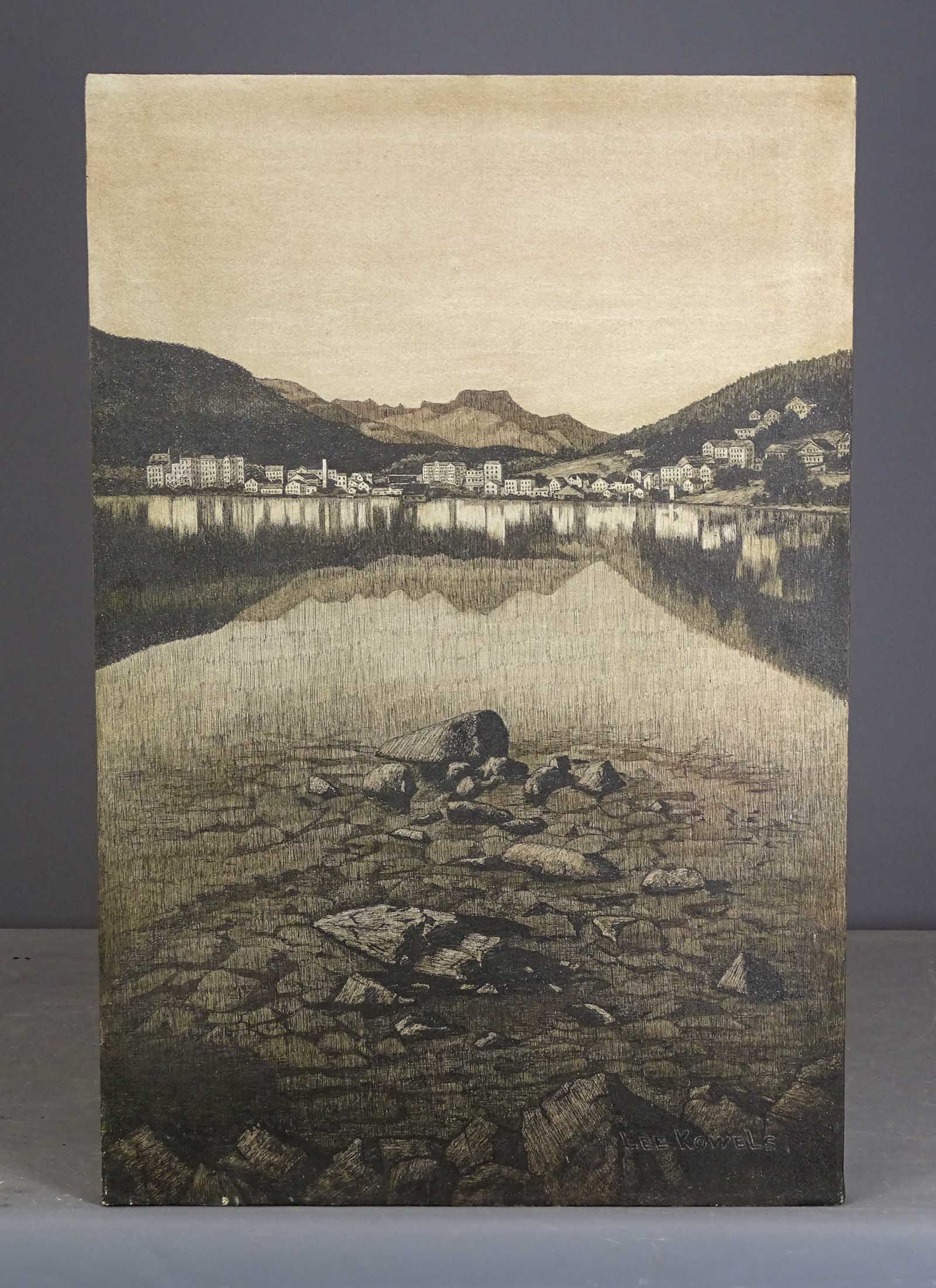 Lee Kowels (20th Century): Painting: Lee Kowels (20th Century), "St. Moritz at Dusk". Mixed media on canvas. 30 1/2" x 20".