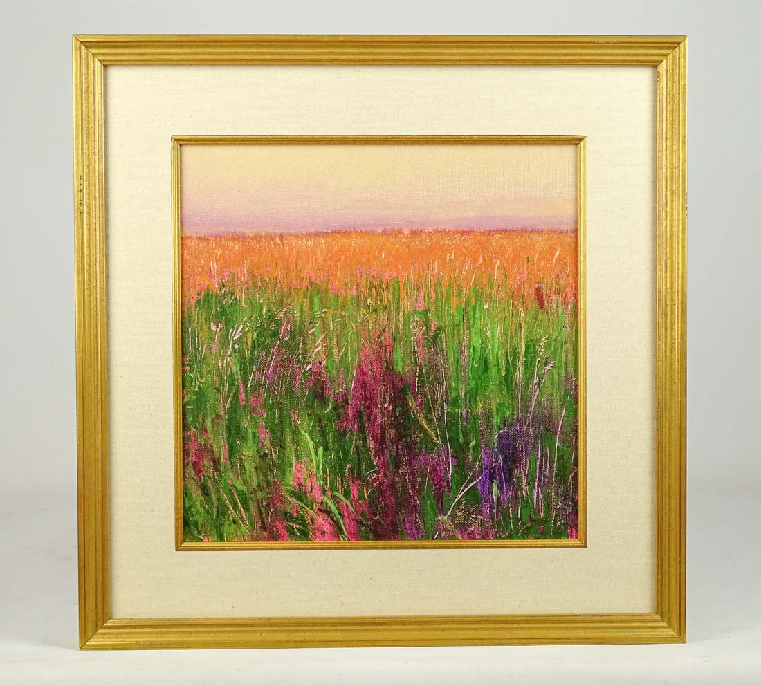 Patty Mullins (20th/21st Century): Painting: Patty Mullins (20th/21st Century), landscape, oil. Overall in frame 16 1/2" x 16 1/2".