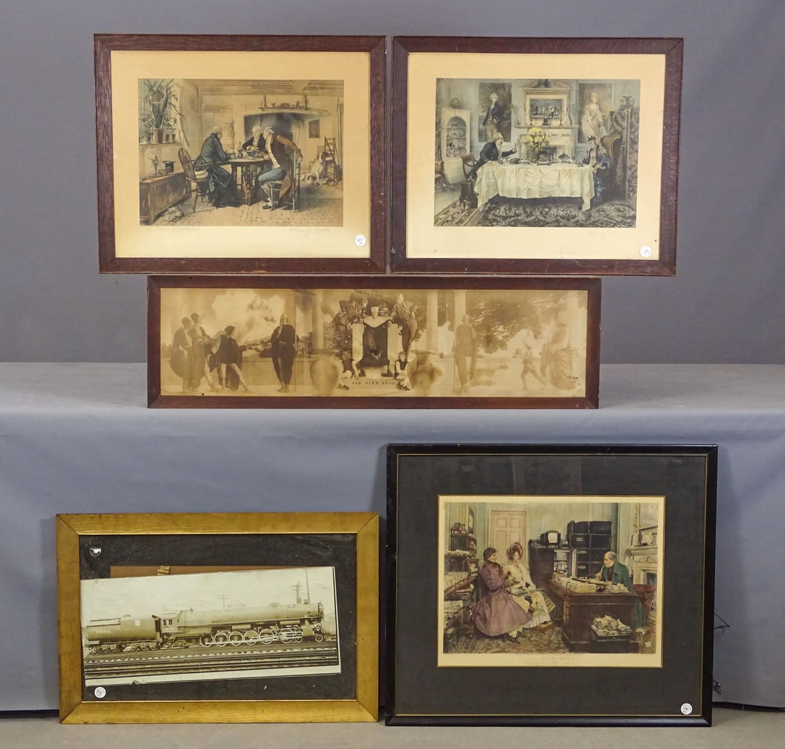 Artwork Lot: Misc. artwork lot including: Train photo (as is, 19 1/2" x 29"), (3) early prints (largest frame 25" x 30"), print "OlD KING COLE" (Parrish), (12 1/2" x 41").