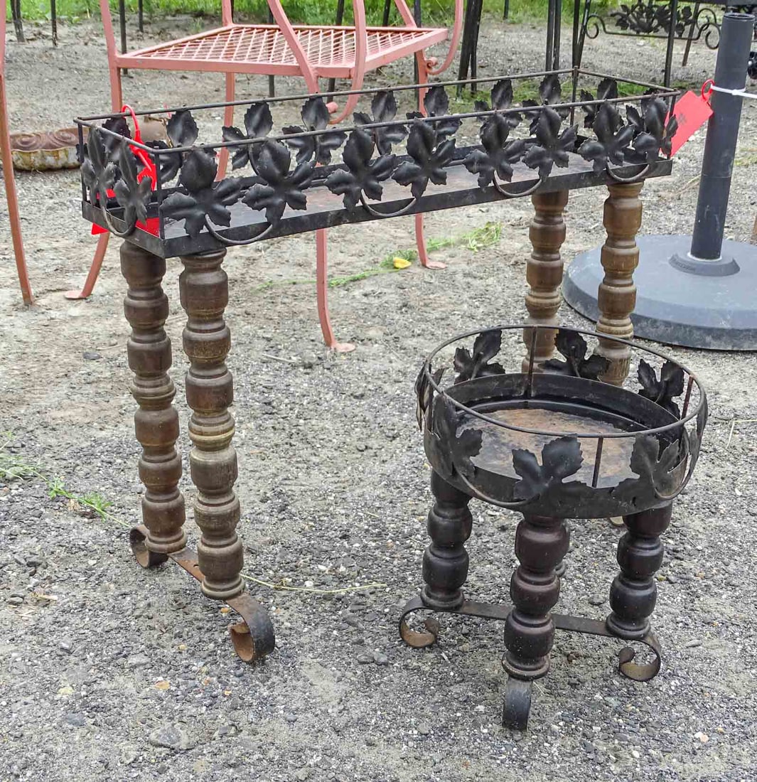 Wrought Iron and Wood Planters: (2) wrought iron and wood planters. 10 1/2" D., 25 1/2" L..