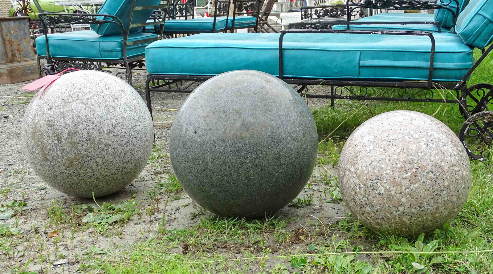 Marble Garden Balls: Lot (3) marble garden balls. Largest approx. 15" D..