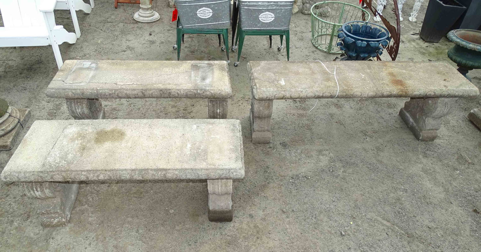 Stone Benches: Lot (3) poured stone benches. Imperfections. Longest 60" L..