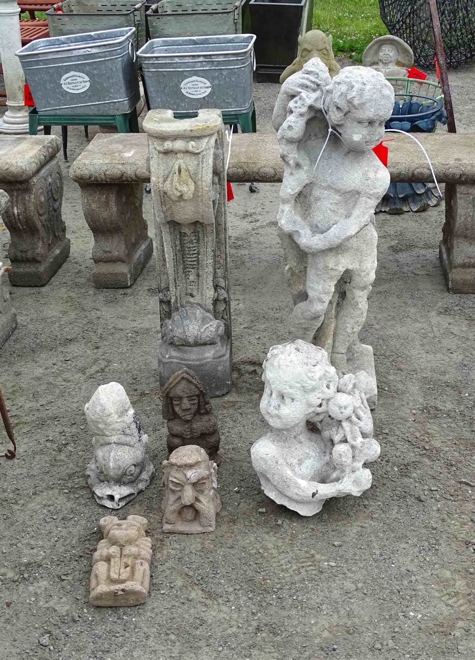 Misc. Lot: Lot (7) poured stone items including: Element (30" Ht.), statue (35 1/2" Ht.), and various objects.