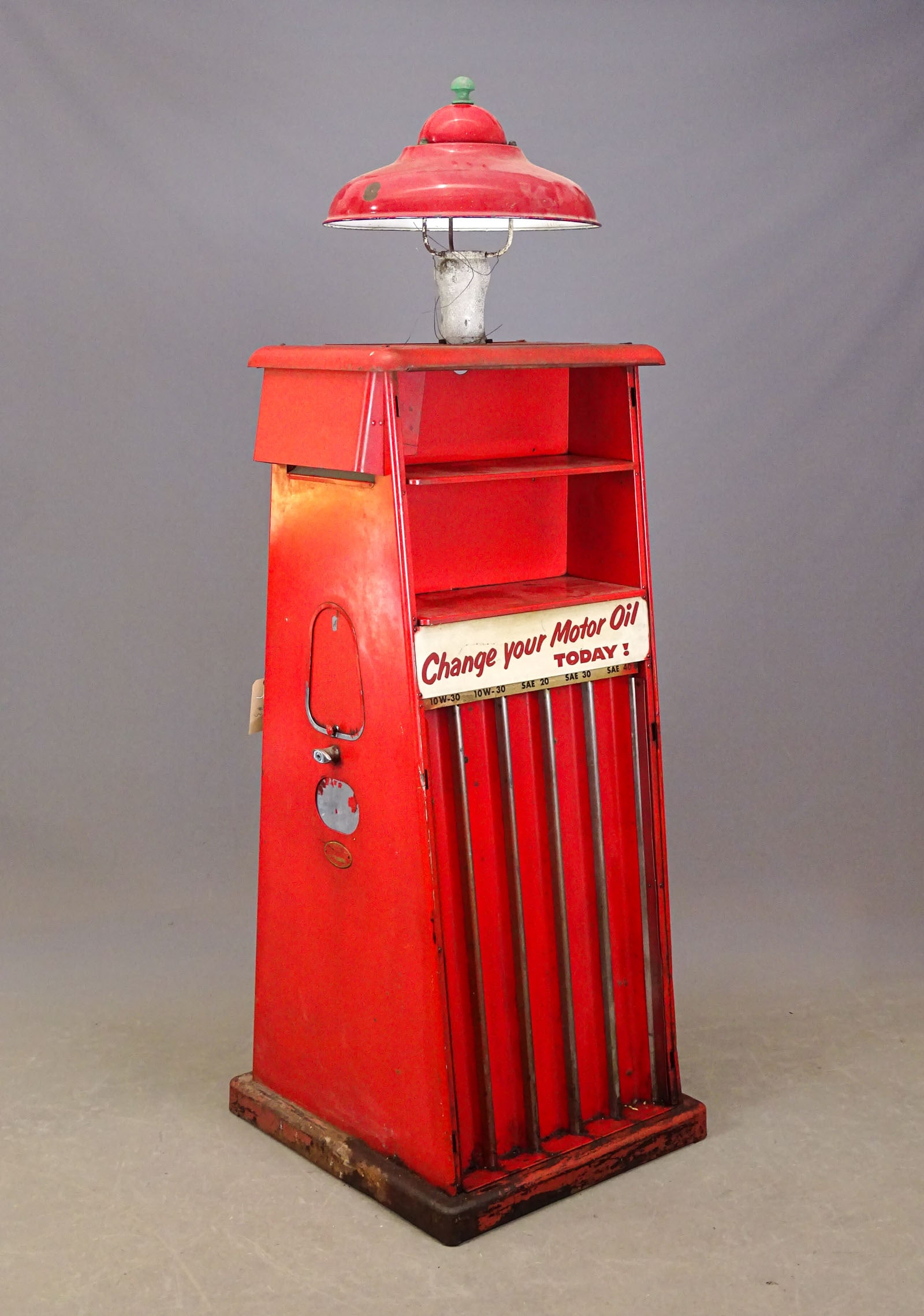 Vintage Oil Stand: Vintage metal oil stand with topper. 27" x 29" x 82" Ht.. Fair condition.
