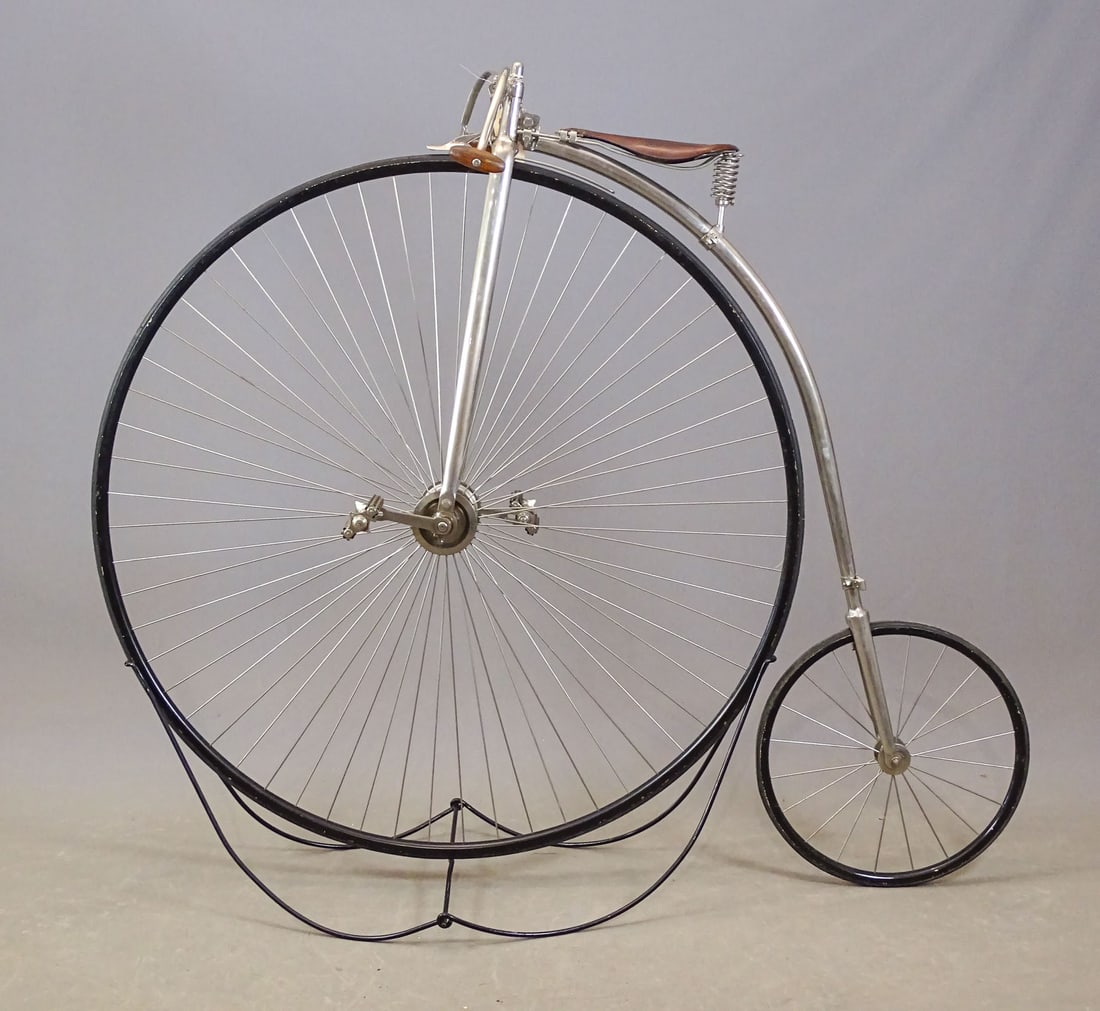 Willan High Wheel Bicycle: 54" high wheel bicycle (1960s) bicycle. Made by Robin Willan, a professional antique automobile restorer from Christchurch, New Zealand. Frame with a "Rational" design (i.e., large, 21 1/2" dia. rear