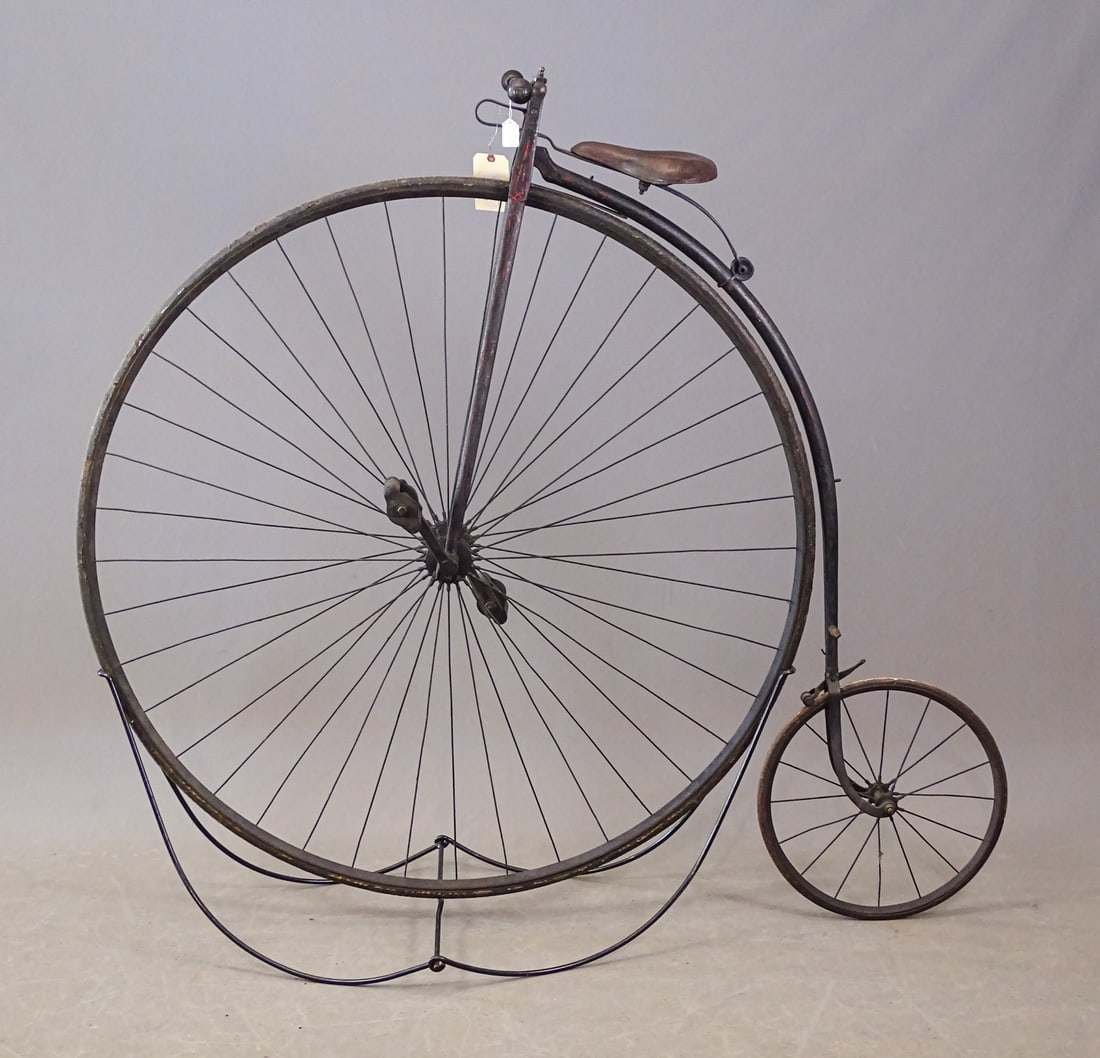Haynes Swiftsure High Wheel Bicycle: 50 inch Haynes and Jeffries "Swiftsure" high wheel bicycle. C. 1876. A very original early English high wheel complete with original tires and much original pin stripe, original horn handlebars grips 
