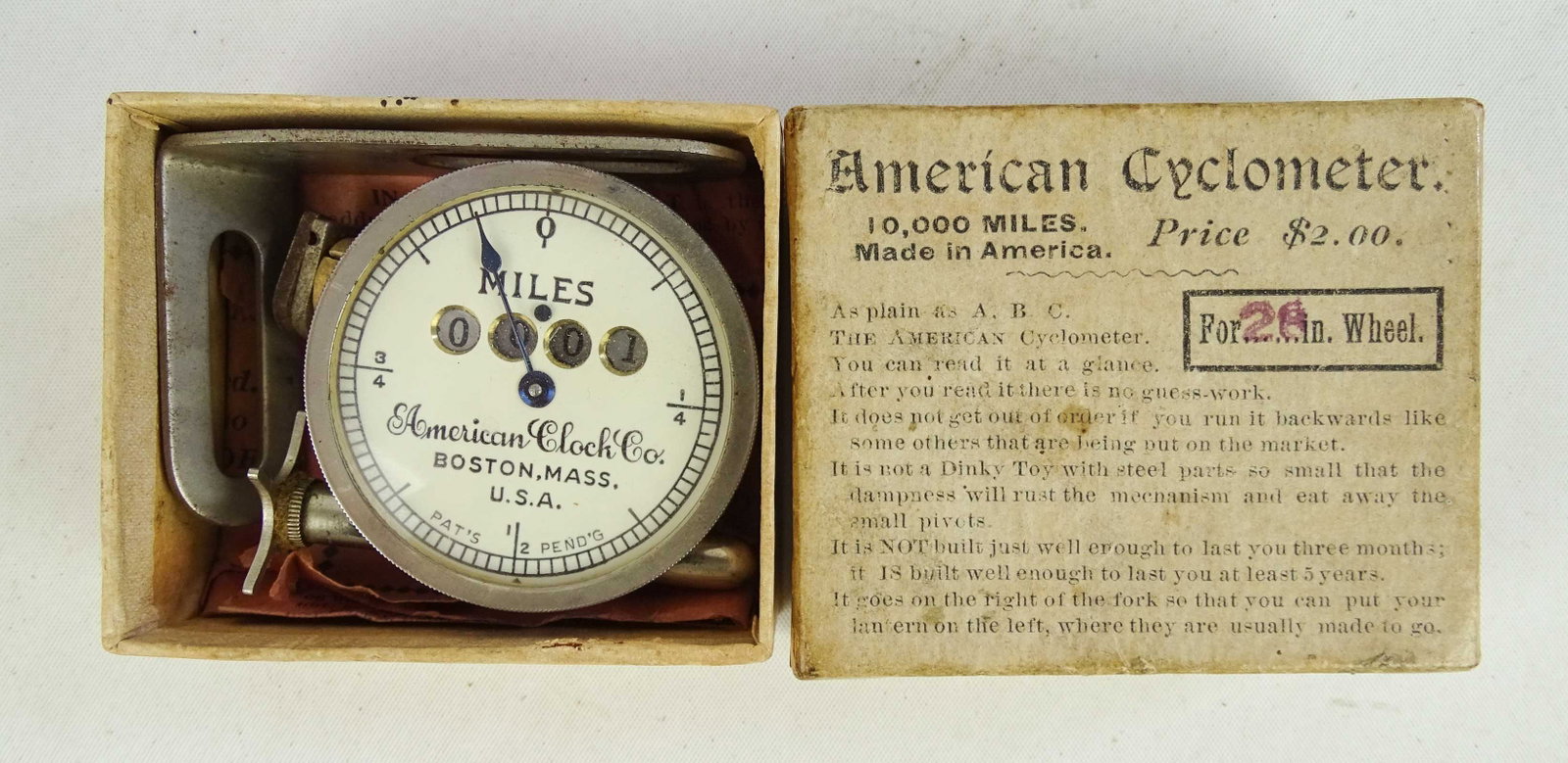 American Safety Cyclometer: American Cyclometer - new old stock - 28" wheel for 1890's safety. Good condition. Glenn Eames Collection Burlington Vermont.
