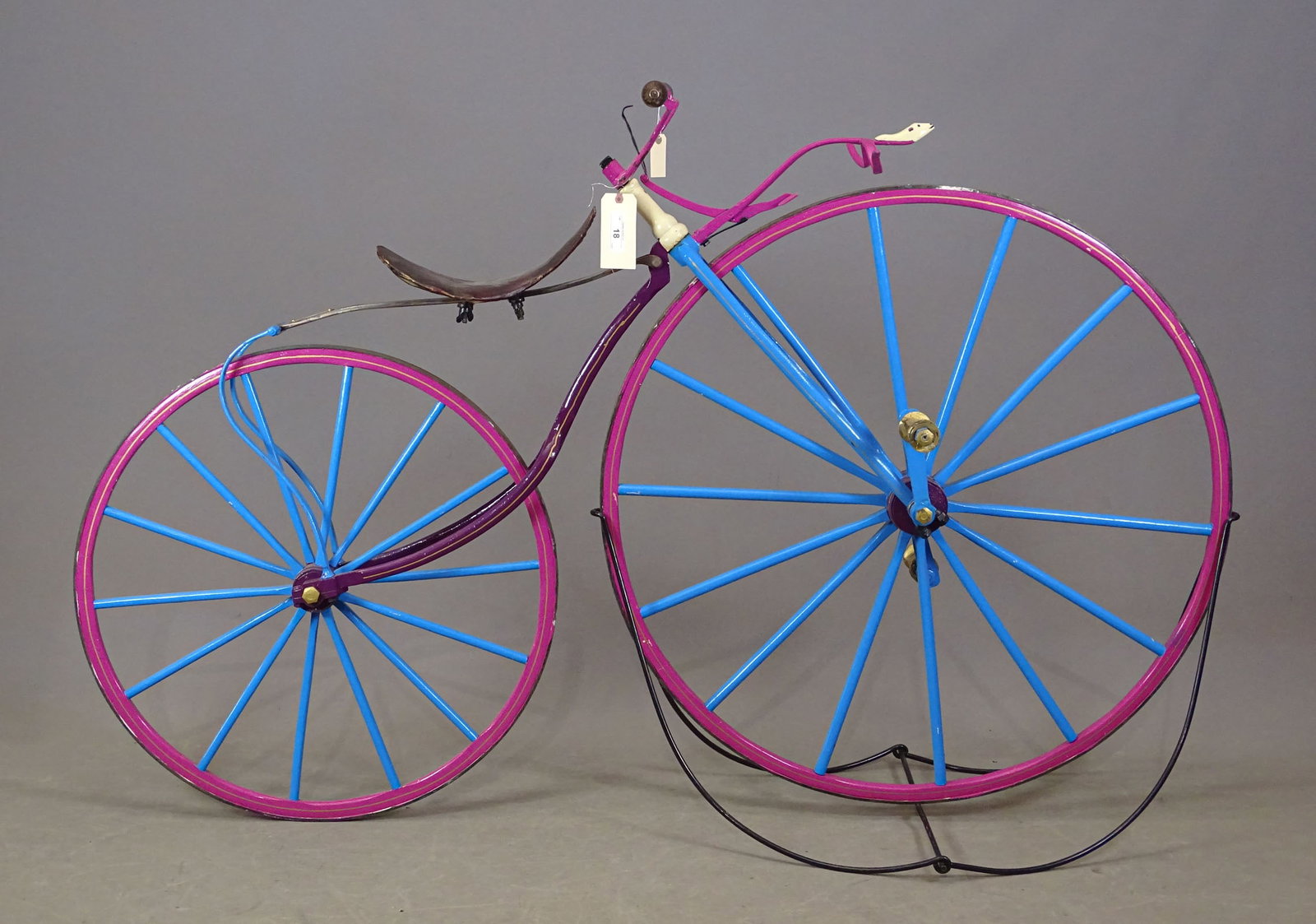 Demarest Velocipede: Demarest Boneshaker velocipede. Made by the A.T. Demarest Co. in New York City, USA in 1869. The front wheel is unusually large with a diameter of 42". This large wheel is made like a buggy wheel