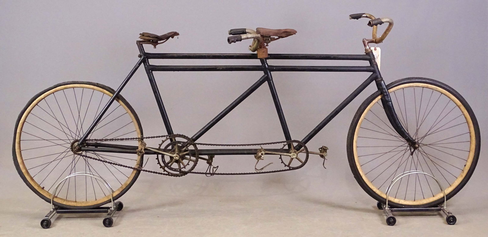 Tribute Tandem Bicycle: C. 1899-1900 Tribute tandem. Pneumatic safety. American Bicycle Corp. Erie Penna., The Black Mfg. Co.. Double bar racer. 28 x 1.5 tires. Barn find condition.