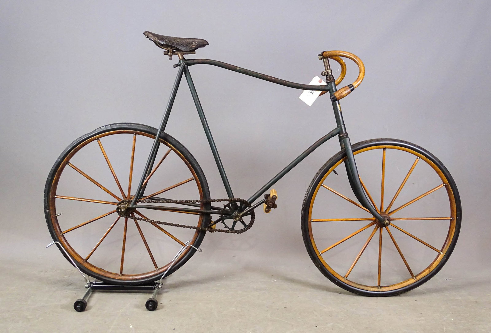 Hickory Pneumatic Safety Bicycle: Rare 1893-4 Large frame men's Hickory bicycle with unusual curved top tube. 27" frame. Manufactured by the Hickory Wheel Co., So. Framingham, Ma. Very good original condition except for replacement pe