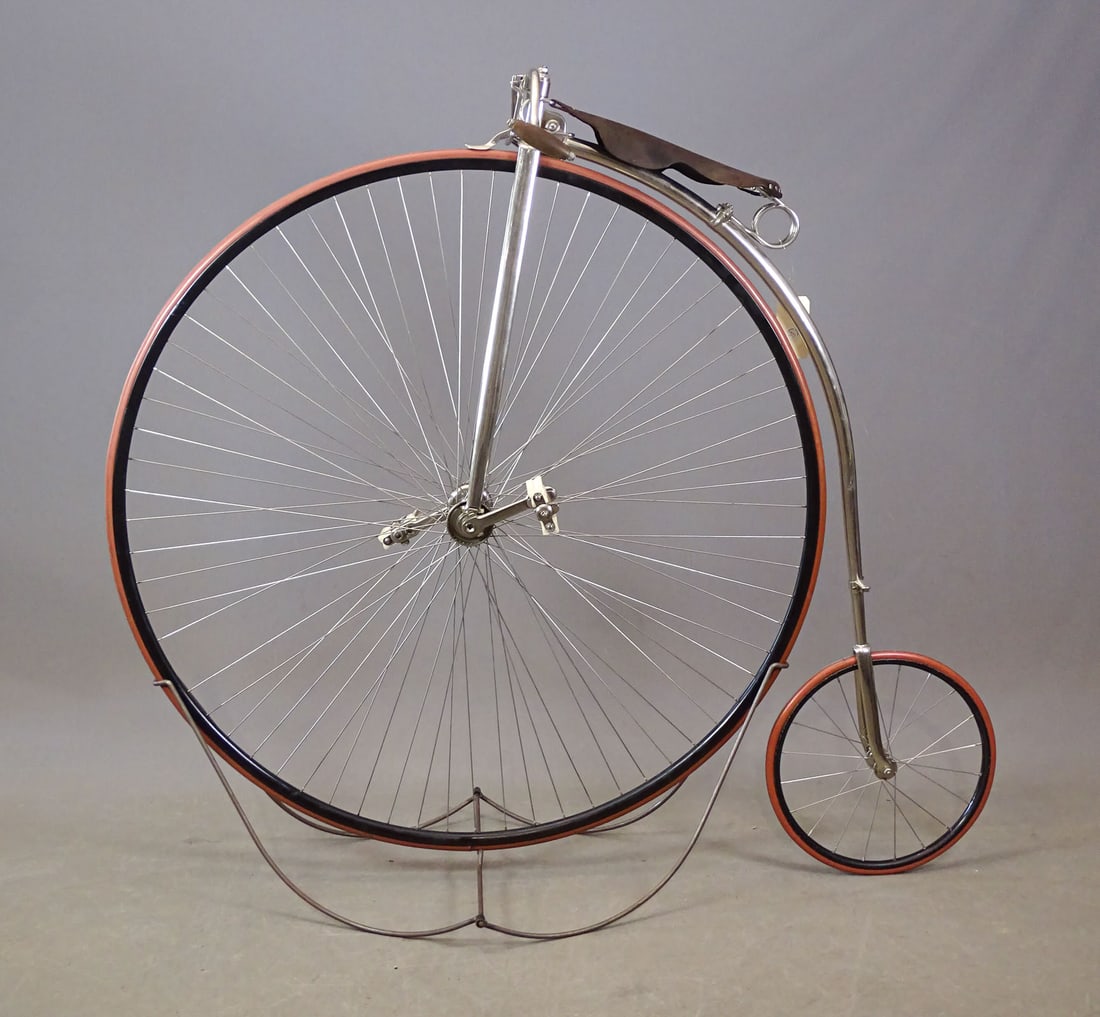 Columbia Light Roadster Bicycle: C. 1890 53" Columbia Light Roadster High Wheel bicycle. Restored with new spokes, tire rubber and rubber on pedals. Full nickel except rims.