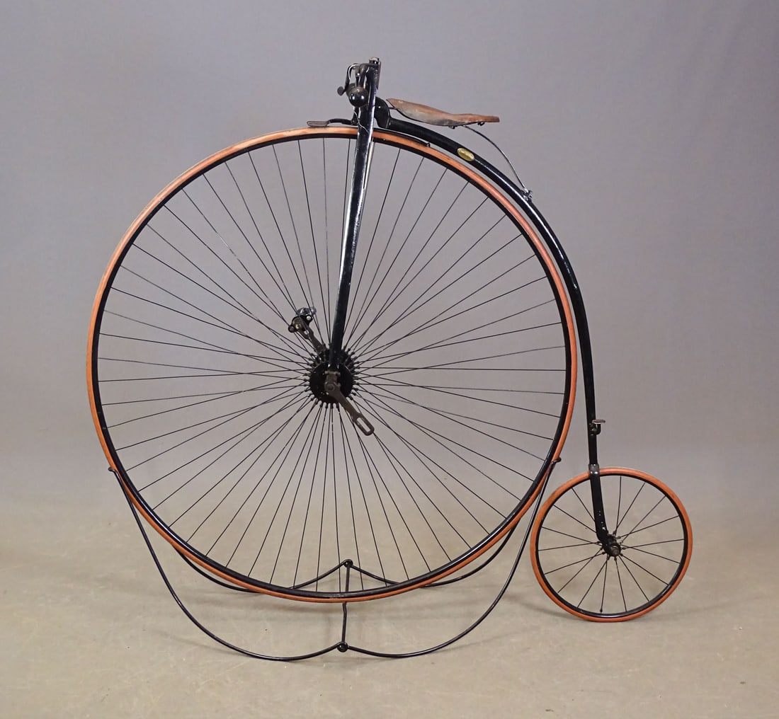 Columbia High Wheel Bicycle: 52" Columbia High Wheel bicycle. Made by the Pope Mfg. Co. in Hartford, Connecticut. 52" high wheel bicycle with an "Open Head" which was the first design used for the first high wheel (i.e. ordinary)