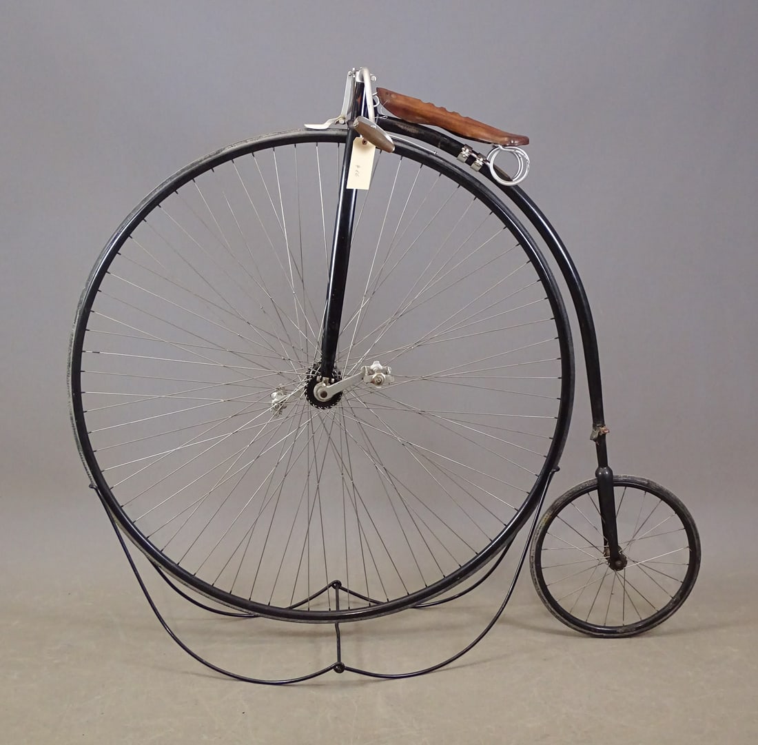 Victor High Wheel Bicycle: 19th Century 52" Victor high wheel bicycle. The design of this bicycle with its open head was the design of the first bicycles made in the USA. This bicycle has racing pedals which are relatively