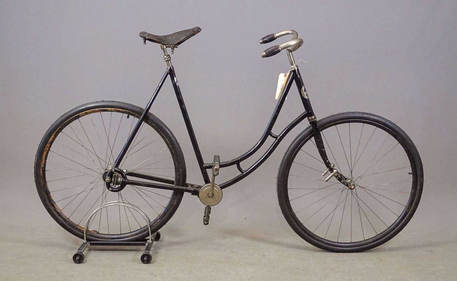 Columbia Model 109 Safety Bicycle: Columbia (Model 109) Pneumatic Safety bicycle. Shaft drive. Frame with springs on ends of front fork arms. Complete except for a missing cover for gear cluster that connects the end of the drive