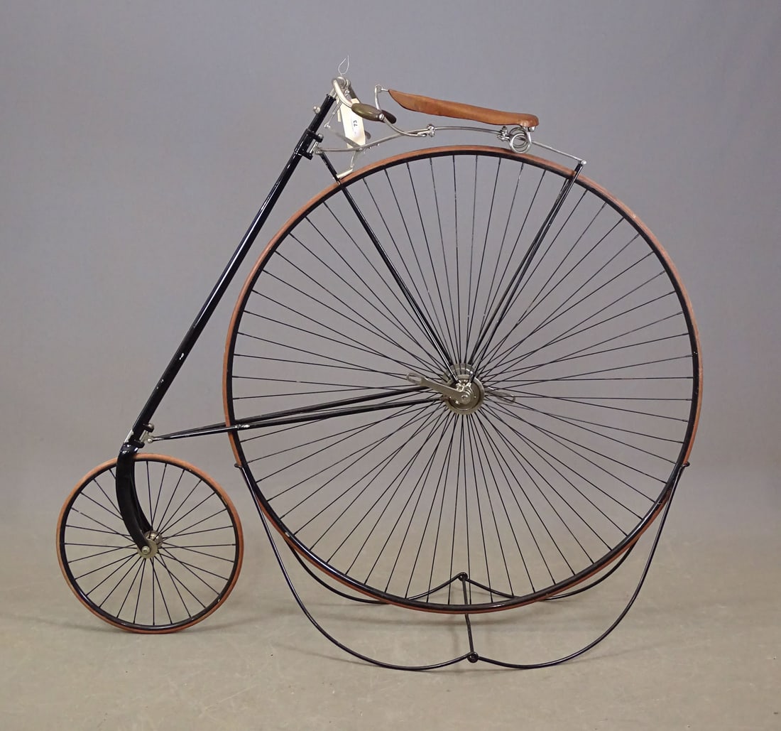 Eagle High Wheel Bicycle: 50" Eagle high wheel bicycle. Made in Connecticut C. 1889. Missing pedals otherwise good condition. Gary Sanderson Collection.