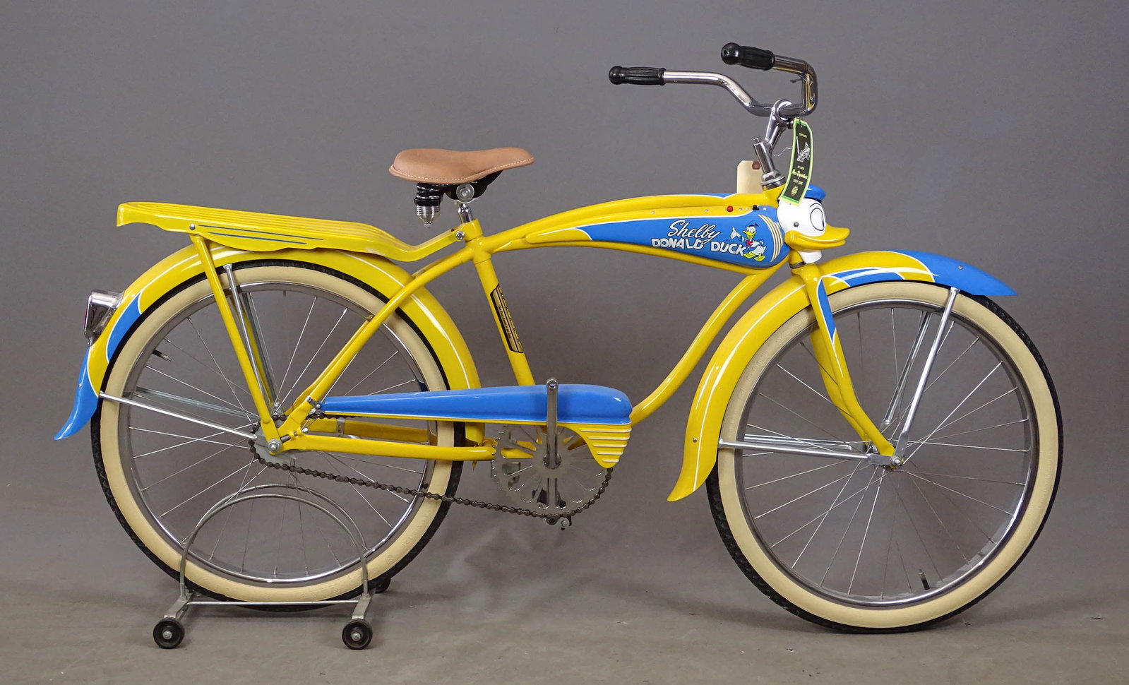C. 1949 Shelby Donald Duck Bicycle: C. 1949 Shelby Donald Duck balloon tire bicycle. 15" frame. Troxel saddle. Good Year tires. Missing one pedal. Restored by William Layman Pittsburgh Penna..