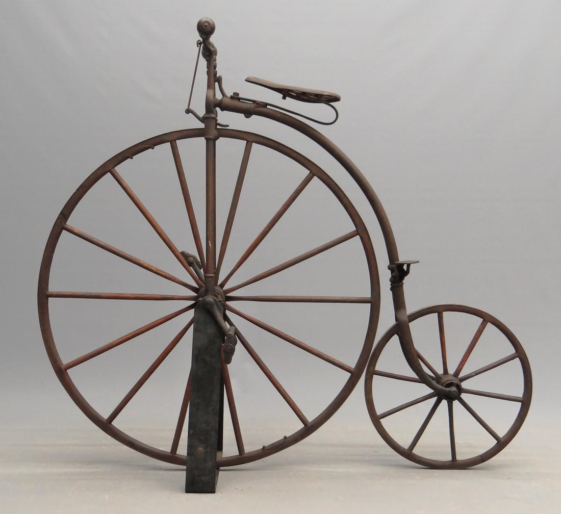 Otto High Wheel Bicycle: C. 1879-80 Otto child's 36" high wheel bicycle. Original condition. Retains cast saddle, grips, pedals, rear step, brake. Good untouched condition. Previously sold at Copake Auction April 2016, lot