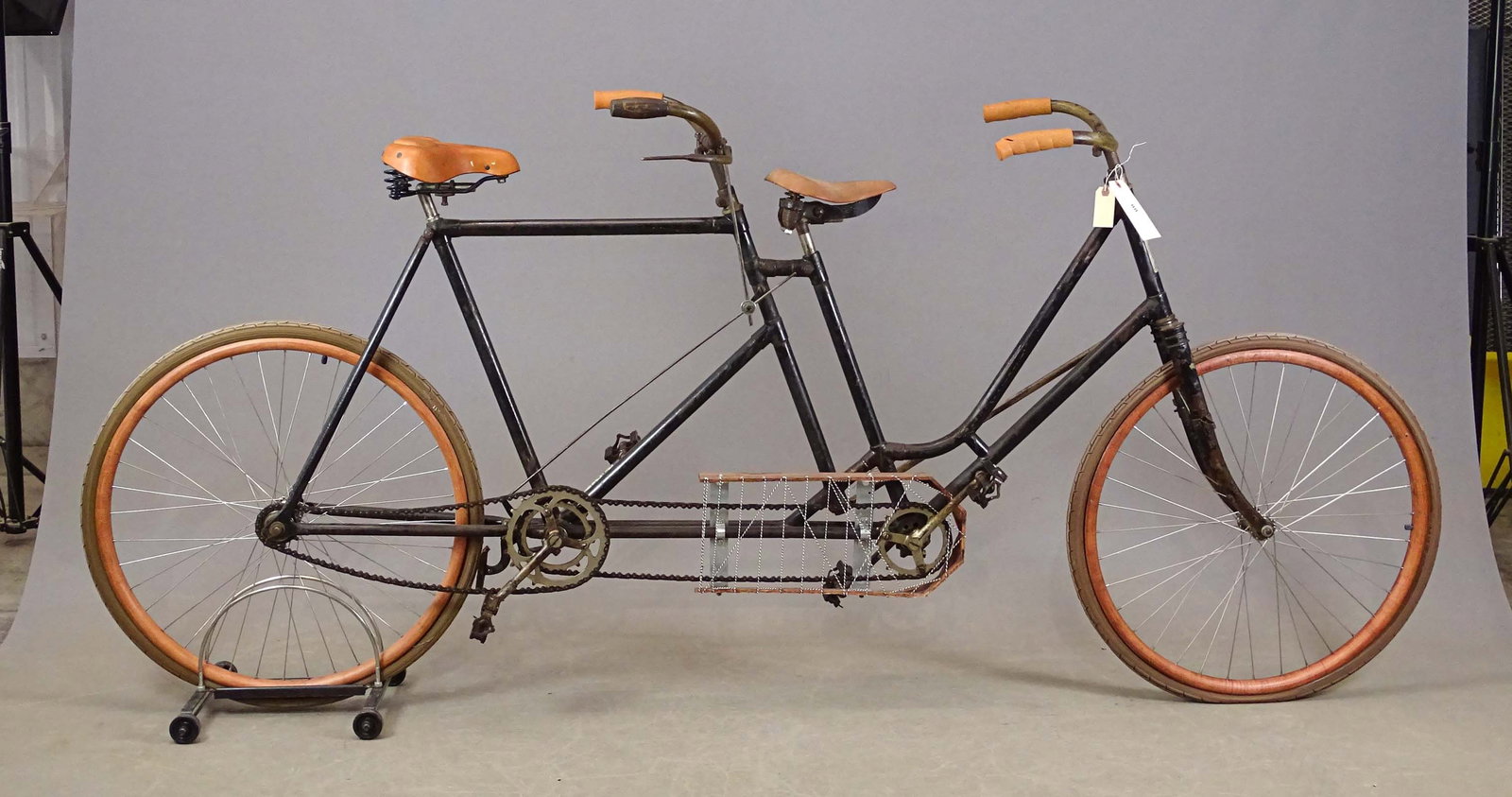 Crawford Tandem: Crawford tandem pneumatic safety bicycle. C. 1900s. Restored by Gary Sanderson to complete, ready to ride condition. Note the unusual (and effective) linkage from the actuating hand lever on the