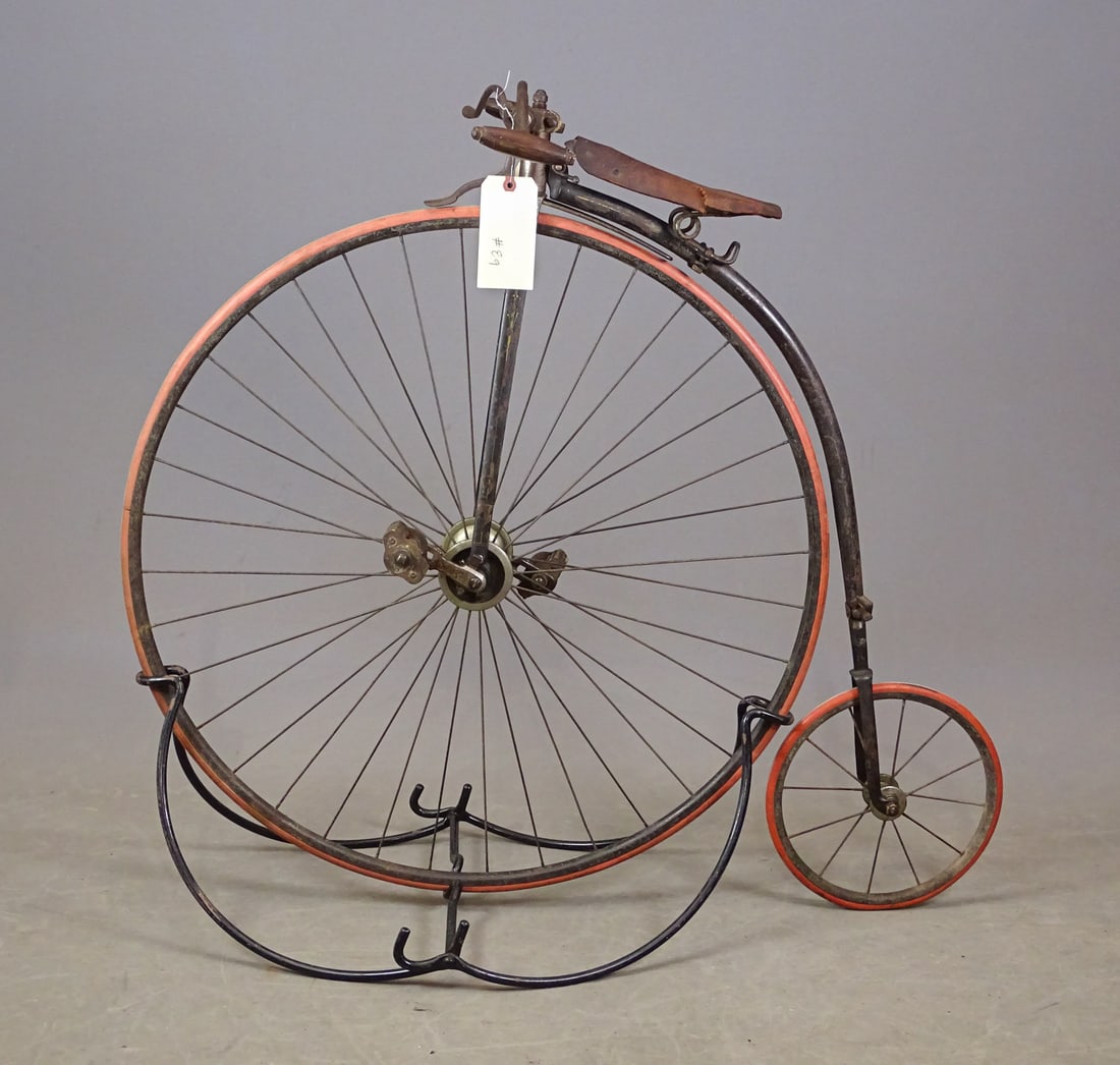Gormully and Jeffery High Wheel Bicycle: 34" Gormully and Jeffery child's high wheel bicycle: C. 1890s. Quality bicycle with remnants of gold pin pin striping remaining on the frame. Good condition. Seat as is. Gary Sanderson Collection.