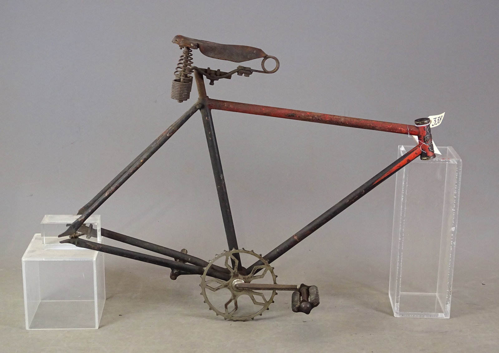 Beacon Wright Ditson Frame: Beacon: Wright & Ditson, Boston & Associat bicycle frame. Leather saddle. No wheels, but bottom bracket is complete. No chain. Gary Sanderson Collection.