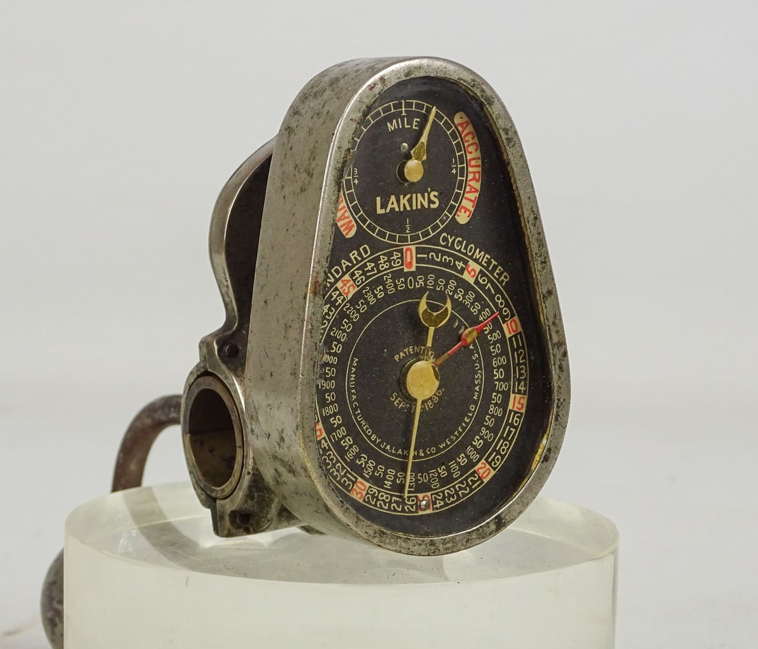 Lakins Cyclometer: Rare Lakins High Wheel Cyclometer. Manufactured by J.A. Lakins Co., Springfield Mass., U.S.A.. Good condition. Unsure if working.