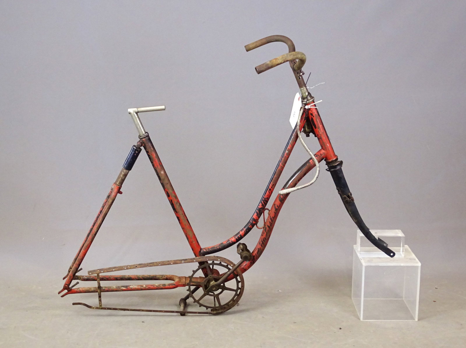 Pierce Pneumatic Safety Frame: Pierce Pneumatic Safety bicycle frame. Comes with pair pedals, seat post. Cushion rear end. Barn find condition. Mark Mattei Collection.