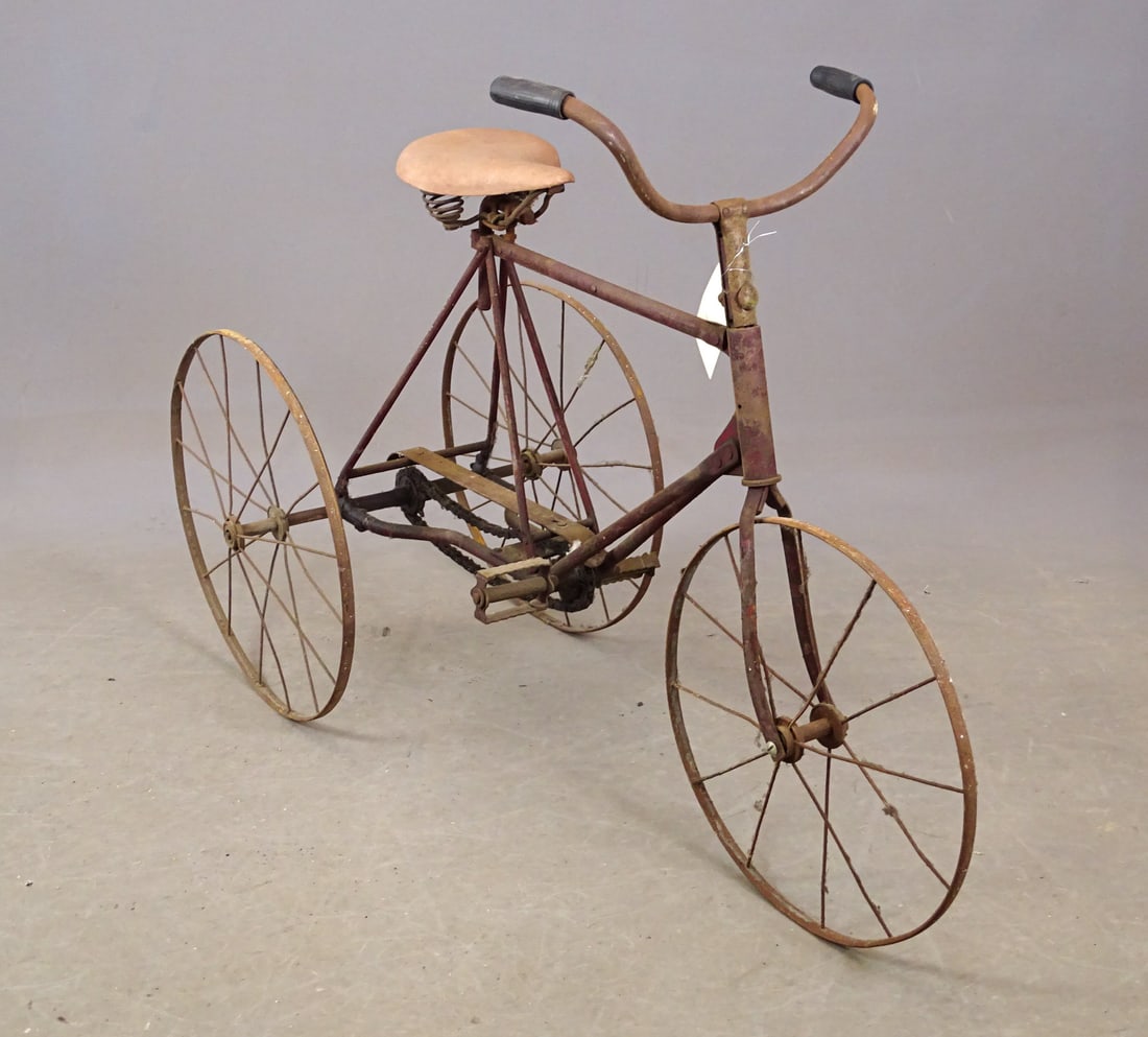C. 1900's 3 Wheel Tricycle: C. 1900's steel 3 wheel tricycle. Barn find condition. Mark Mattei Collection.