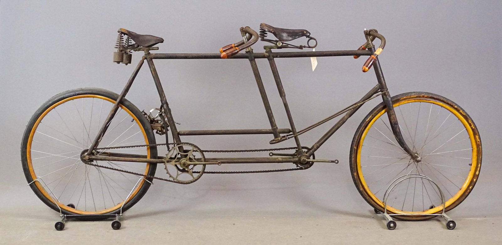 Fowler Tandem: Fowler Pneumatic Safety tandem. Rear steer. Barn find condition. Mark Mattei Collection.